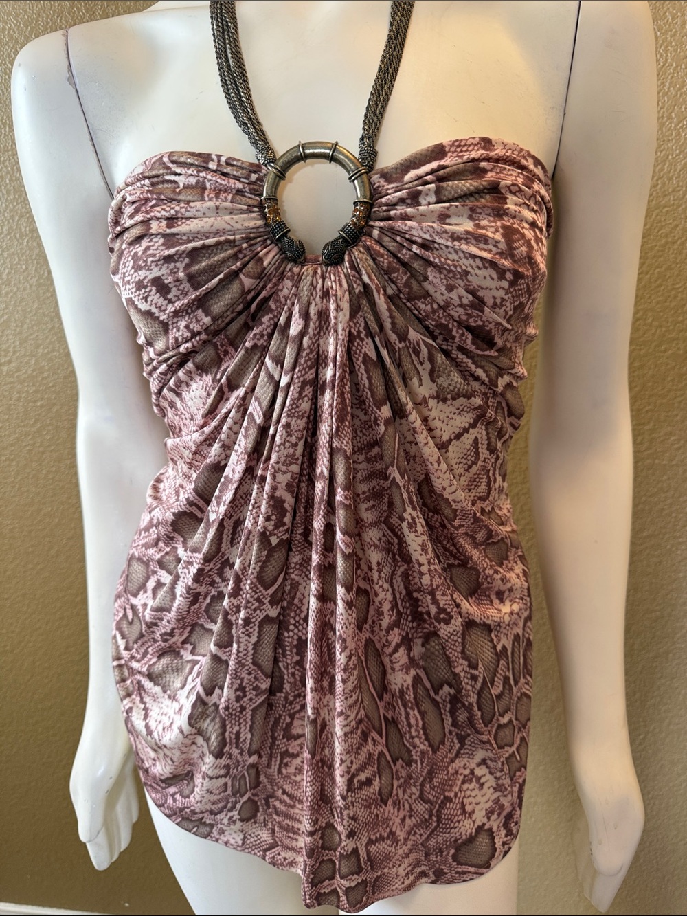 Y2K Sky Snakeskin Halter top 100% silk with Ring Detail - Mauve Taupe